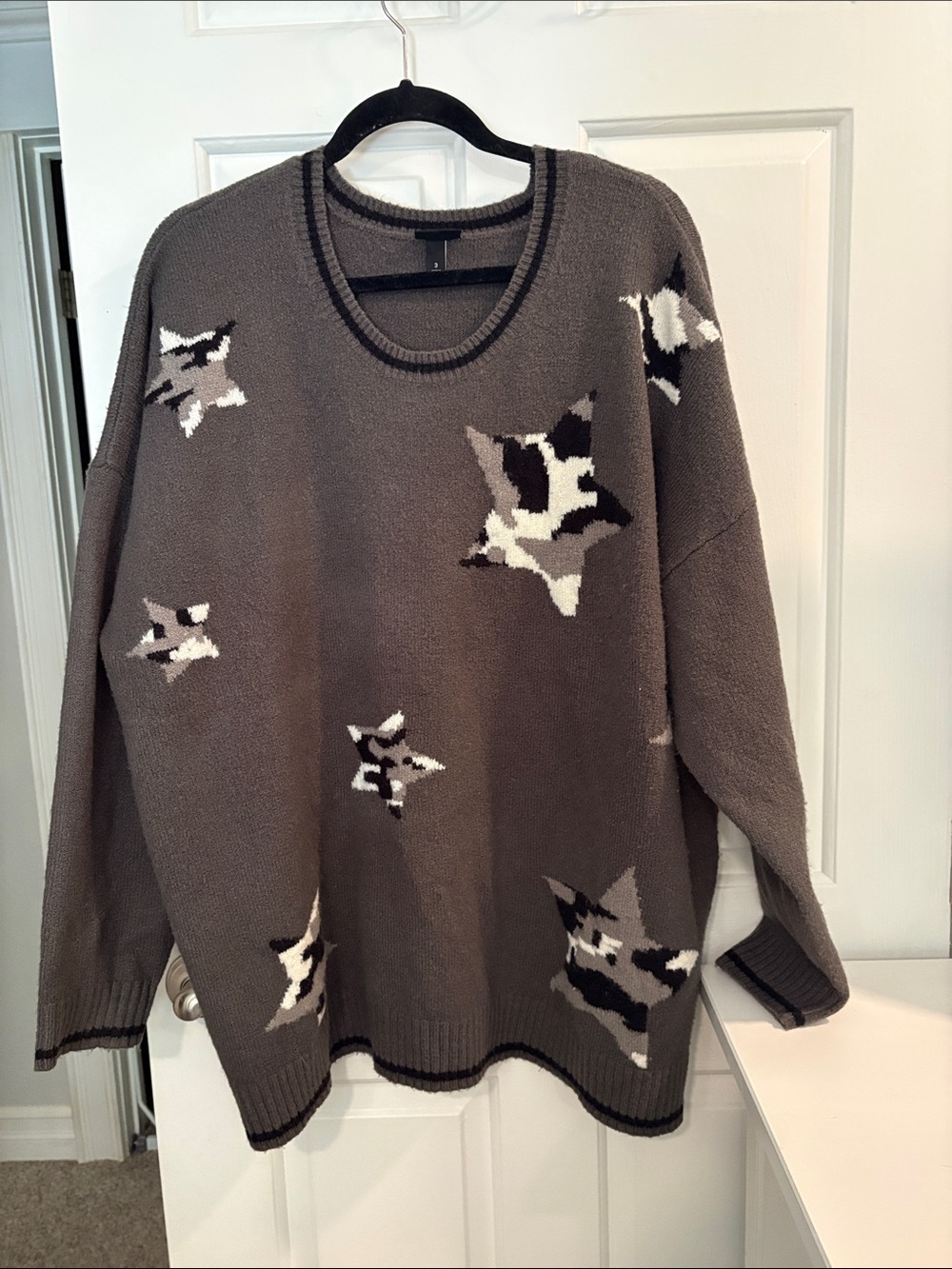 torrid Charcoal Crewneck Star Camo Sweater with Dark Stripe Trim